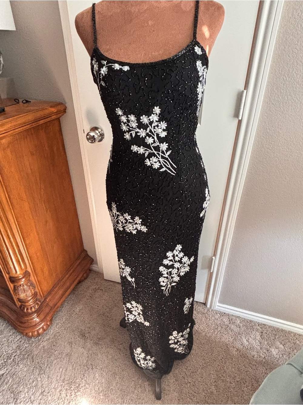 Papelle Boutique 100% Silk Black Floral Embroidered Evening Gown Sz 4